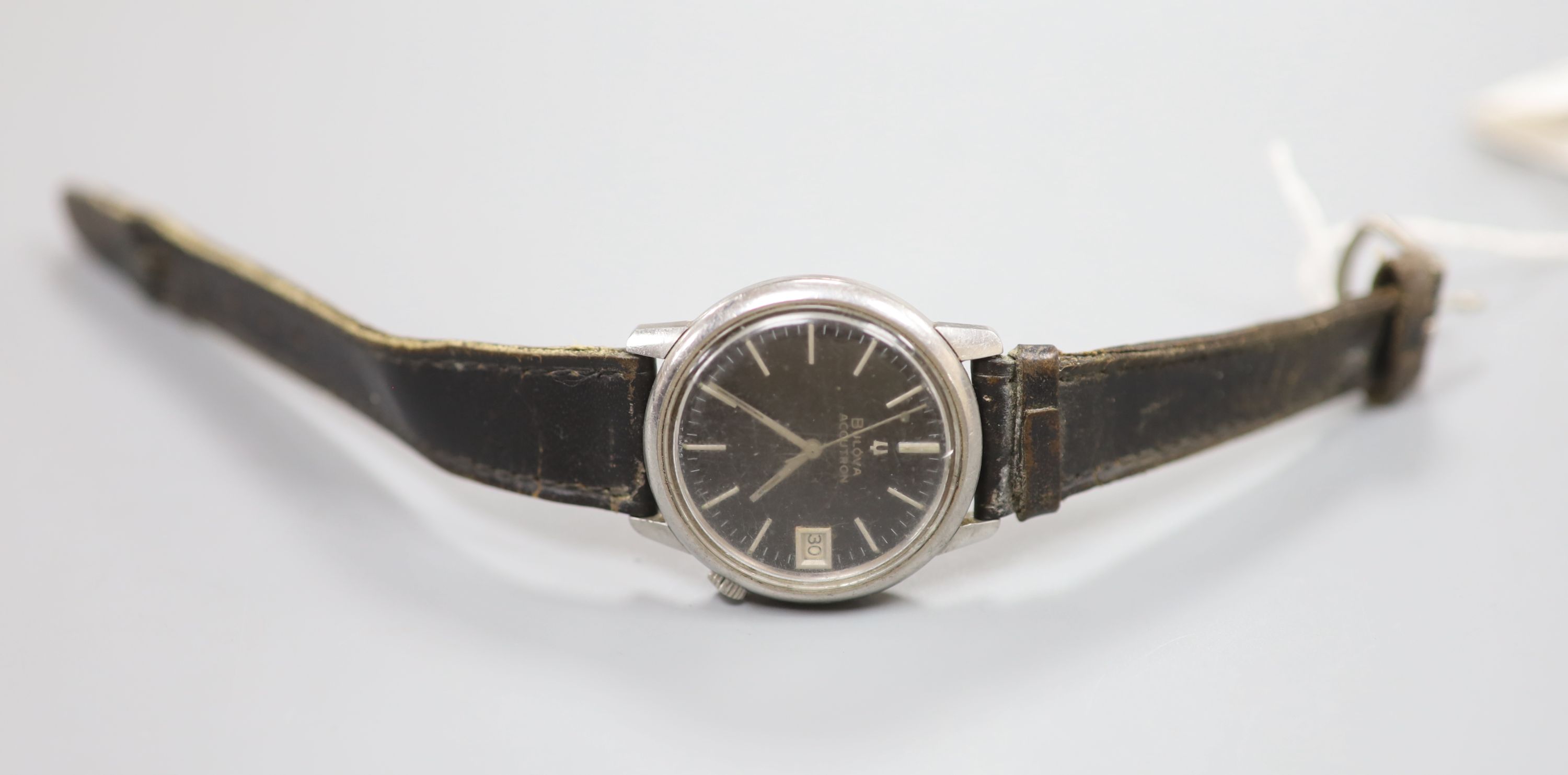 A gentlemans early 1970s stainless steel Bulova Accutron wrist watch, on leather strap,